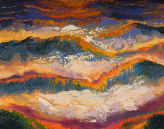 Mountains in Fog at Sunrise, Oil on Board, 20" x 16"