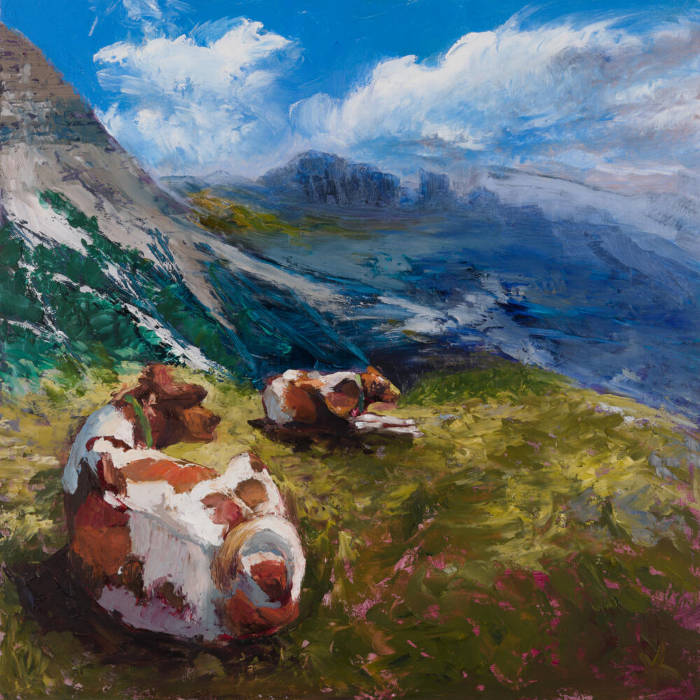 Cows on a Mountain, Oil on Board, 24" x 24"